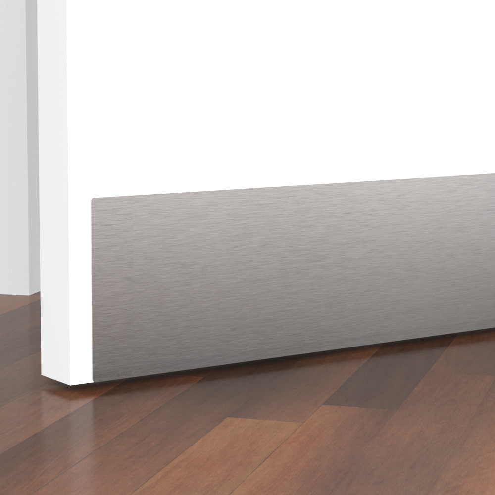 Stainless steel self-adhesive kick plate fitted to the lower face of a white interior door; installation view.