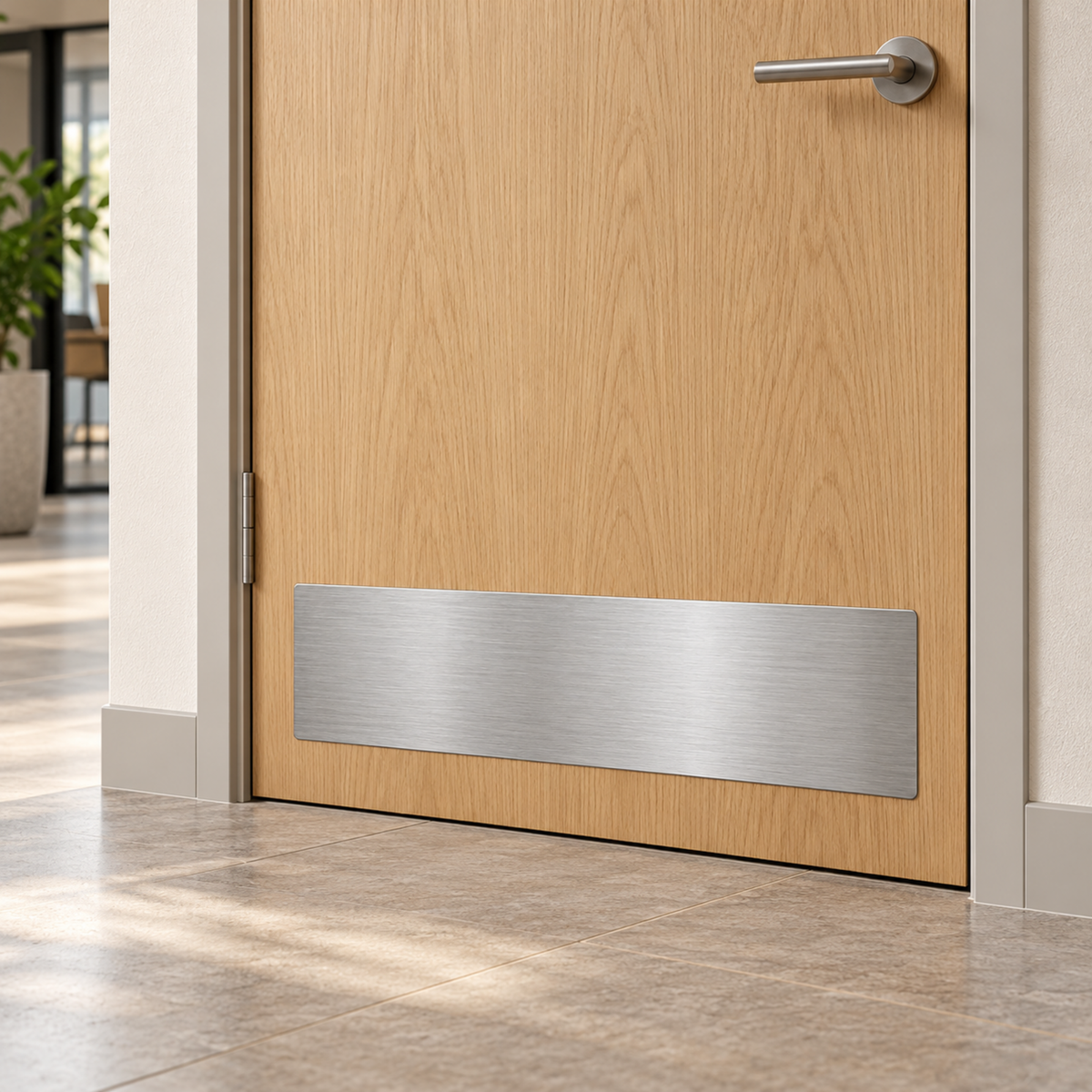 AI installation visualisation: hole-free brushed stainless steel self-adhesive kick plate near the bottom of an oak interior door; illustrative setting, not a completed customer project.