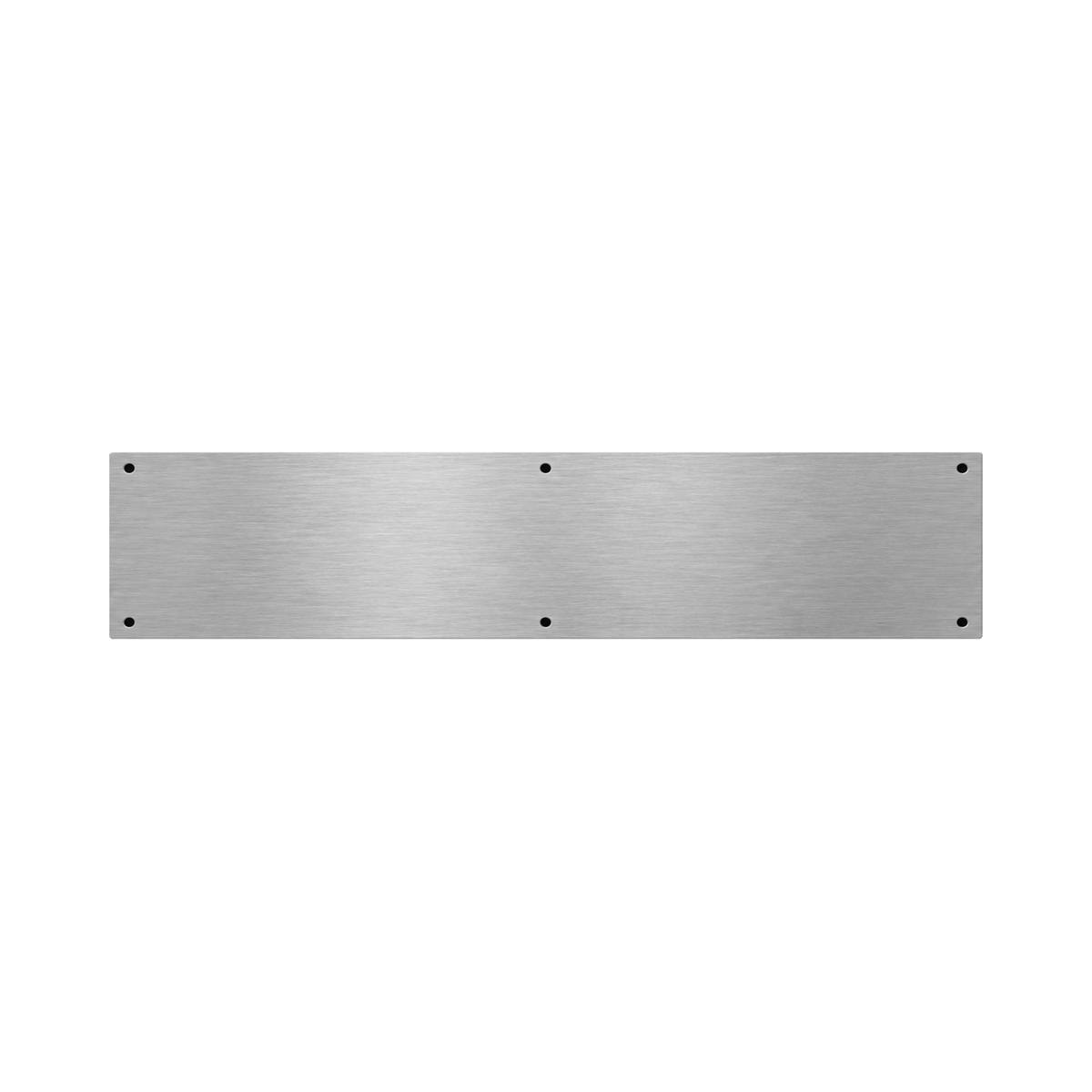 AI product visualisation: brushed stainless steel screw-fixing kick plate with six plain fixing holes on pure white; representative 700 × 150 mm proportions.